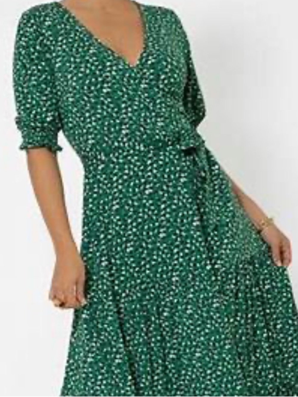 Leota Emerald Green Printed Faux Wrap Dress with Short Sleeves